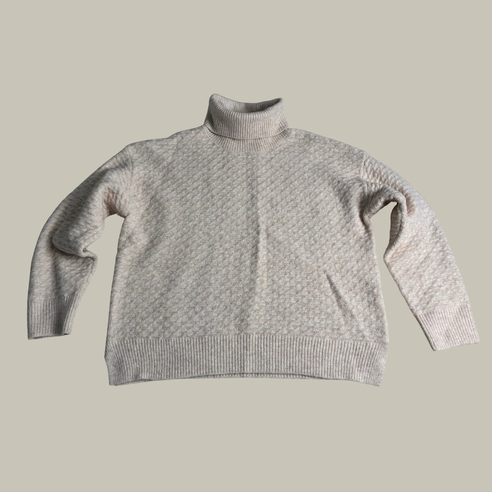 Minimalist Womens Textured Honeycomb Turtleneck Sweater Oatmeal Beige Marl Large
